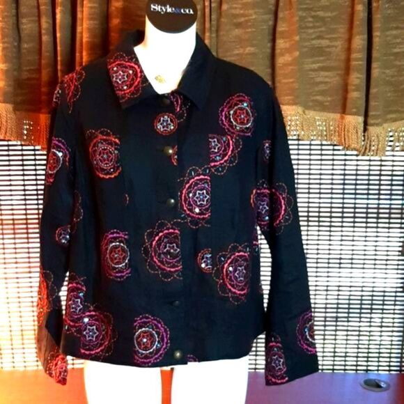 Saint  Tropez  West‎ 100 % Linen Black Beaded Sequin Jacket 1X - Picture 5 of 11